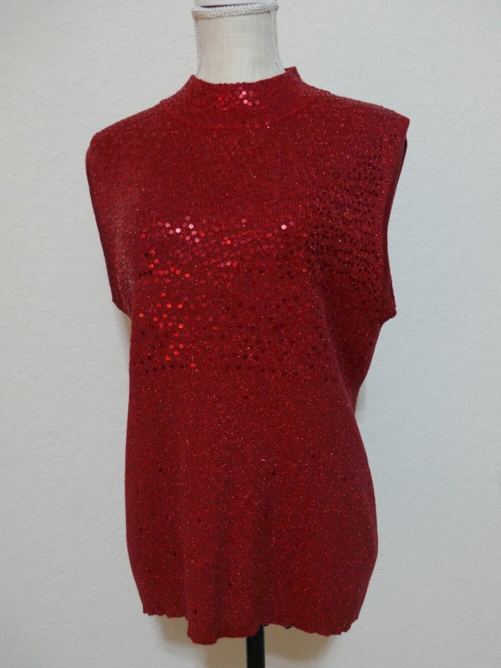 Investments Red Sequined Sparkly Sleeveless Stretch Holiday Mock Neck Sweater XL